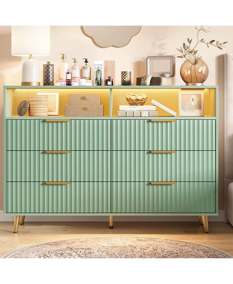 gaomon 6 Drawers Dresser for Bedroom, 53.9" Wide Dressers with Led Lights and Charging Station, Curved Profile Design