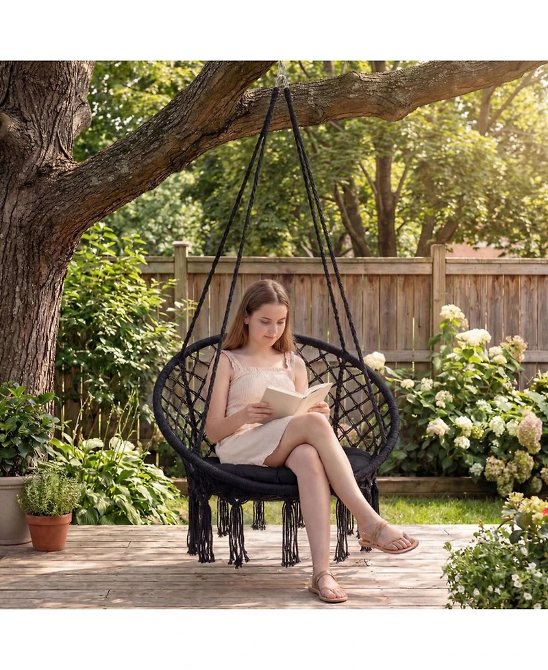 Gouun Macrame Swing Chair Hammock with Round Seat Cushion for Indoor Patio