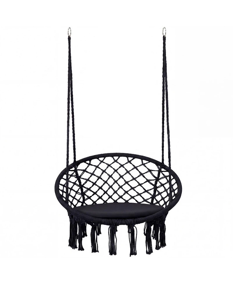 Gouun Macrame Swing Chair Hammock with Round Seat Cushion for Indoor Patio