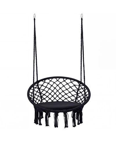Gouun Macrame Swing Chair Hammock with Round Seat Cushion for Indoor Patio