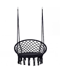 Gouun Macrame Swing Chair Hammock with Round Seat Cushion for Indoor Patio