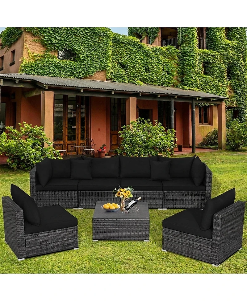 Gouun 7-Piece Rattan Sectional Sofa Set with Glass Coffee Table