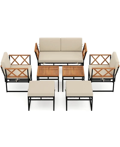 Gouun 7-Piece Outdoor Conversation Set with Bungee Rope Seats, Ottomans, and Coffee Table