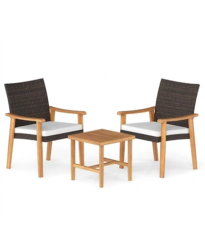Gouun 3-Piece Pe Wicker Bistro Set with Acacia Wood Frame and Side Table