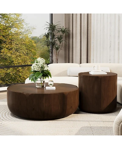 Clihome Round Outdoor Indoor Coffee Table Set, Modern Wood Grain Drum Center of 2