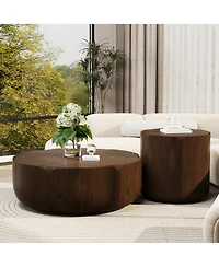 Clihome Round Outdoor Indoor Coffee Table Set, Modern Wood Grain Drum Center of 2
