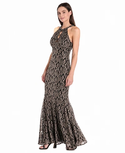 R & M Richards Women's Glitter Lace Halter Gown