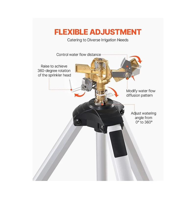 Sugift Impact Tripod Sprinkler 360 Degree Brass Head Adjustable Height