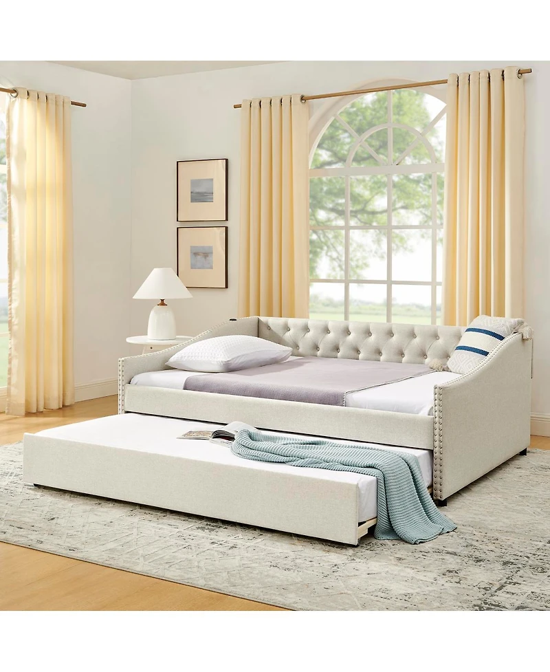 Streamdale Furniture Full Size Daybed with Pull-out Twin Bed Usb Charging and Button-Tufted Arms