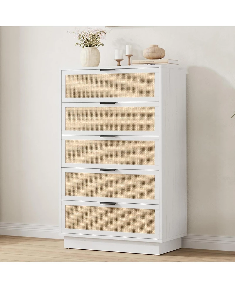 gaomon 5 Drawer Rattan Dresser for Bedroom, Integrated Cabinet Body Legs Design, Wooden Chest of Drawers Hallways, Entryways and Closet