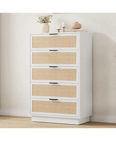 gaomon 5 Drawer Rattan Dresser for Bedroom, Integrated Cabinet Body Legs Design, Wooden Chest of Drawers Hallways, Entryways and Closet