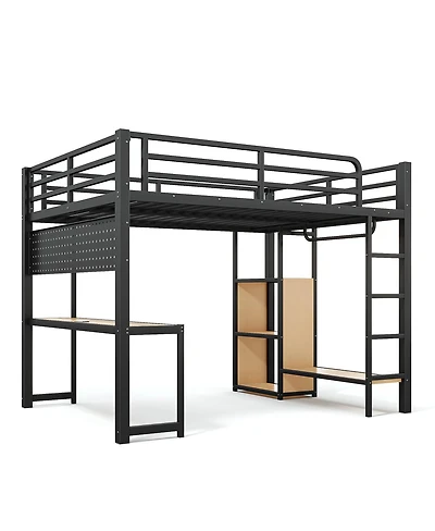 Streamdale Furniture Queen Metal Loft Bed with Desk Storage Usb Ports and Lights