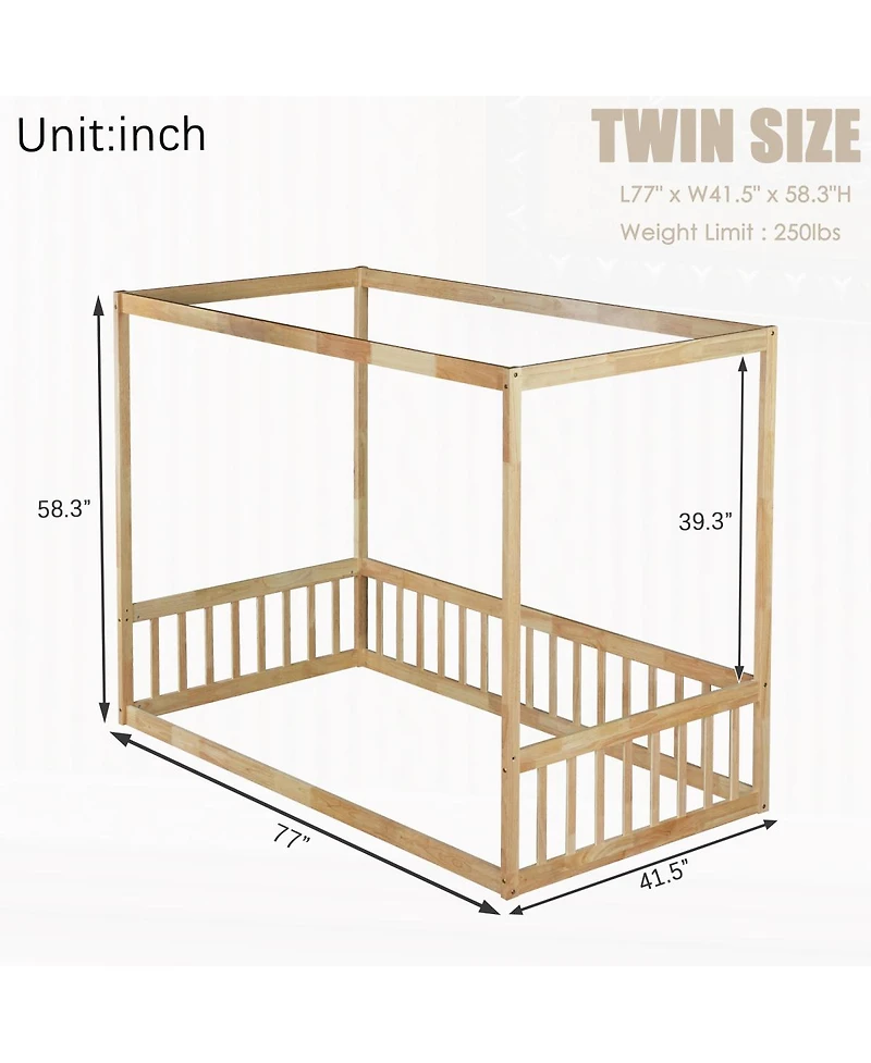 Streamdale Furniture Twin Size Canopy Frame Floor Bed with Fence Guardrails