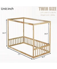 Streamdale Furniture Twin Size Canopy Frame Floor Bed with Fence Guardrails