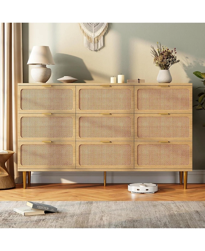 gaomon Rattan 9 Drawer Dressers for Bedroom, Tall Dresser with Deep Drawers