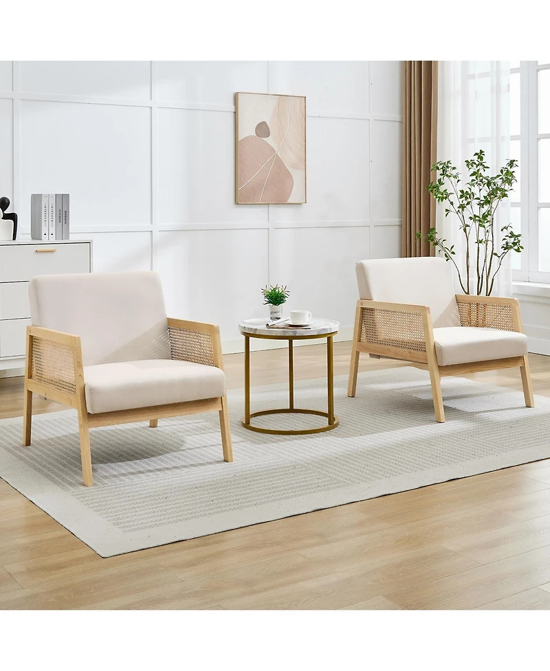 homfan 2 Piece Mid-Century Accent Chair with Rattan Armrests, Linen Upholstery, Thick Cushions, Wood Legs, Lounge Chair for Living Room