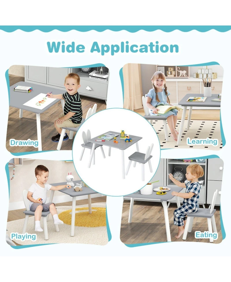 Gouun 3 Piece Kids Table and Chairs Set with Bunny Ear Backrest