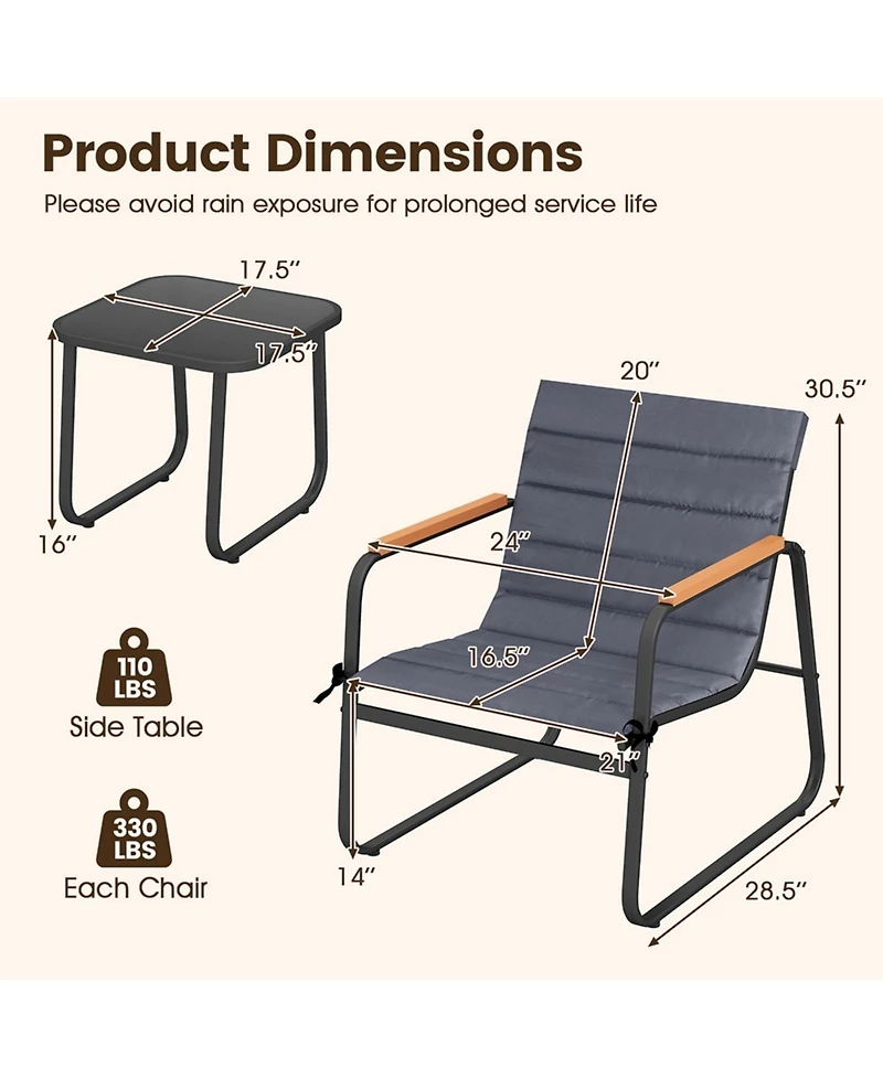 Yiortwo 3 Piece Outdoor Conversation Set with Cushioned Chairs and Glass Side Table
