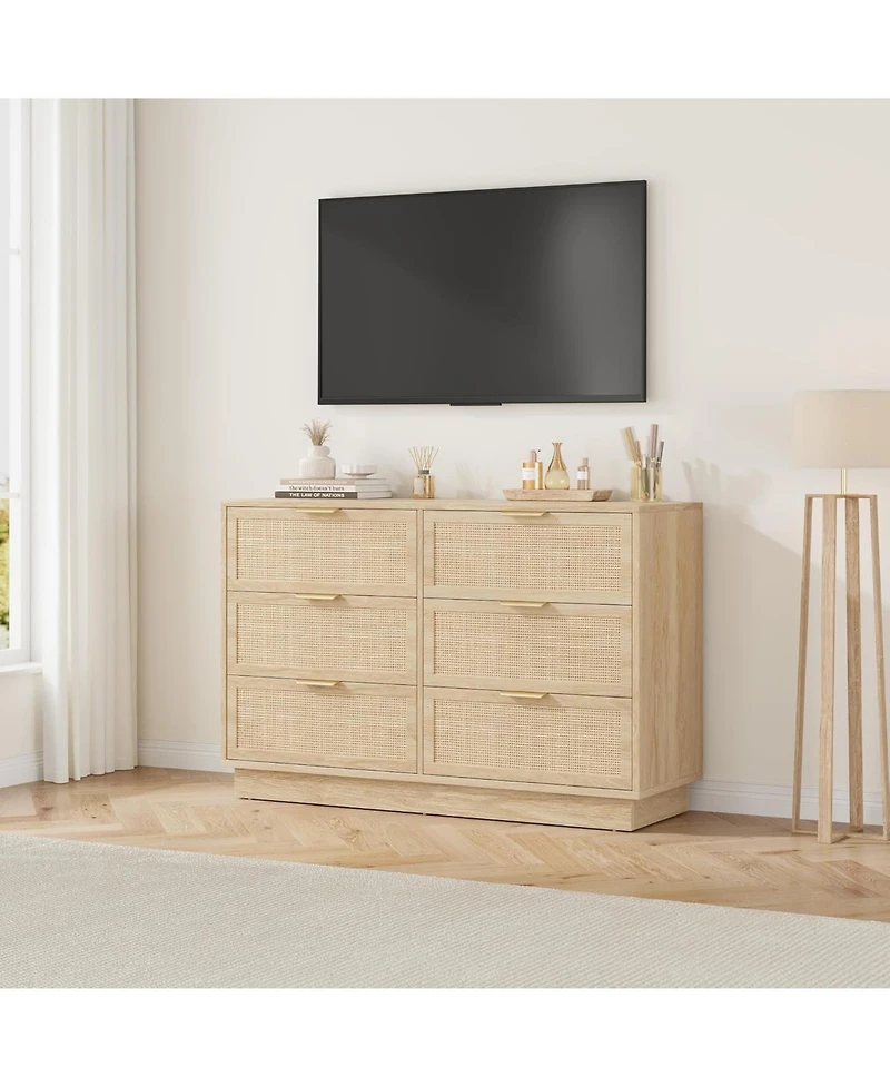 gaomon 6 Drawer Rattan Dresser for Bedroom, Natural Wood Chest of Drawers with Integrated Legs, Rattan Dresser for Hallway, Entryway and Closet