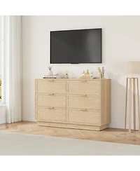 gaomon 6 Drawer Rattan Dresser for Bedroom, Natural Wood Chest of Drawers with Integrated Legs, Rattan Dresser for Hallway, Entryway and Closet