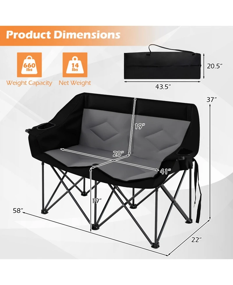 Sugift 2-Person Folding Camping Chair with Cup Holders Glass Racks and Mesh Pockets