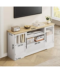 homfan Mid-Century Modern Tv Stand for 75" TVs, Wave-Textured Media Console with 2 Glass Cabinets, Open Shelves and Cable Management