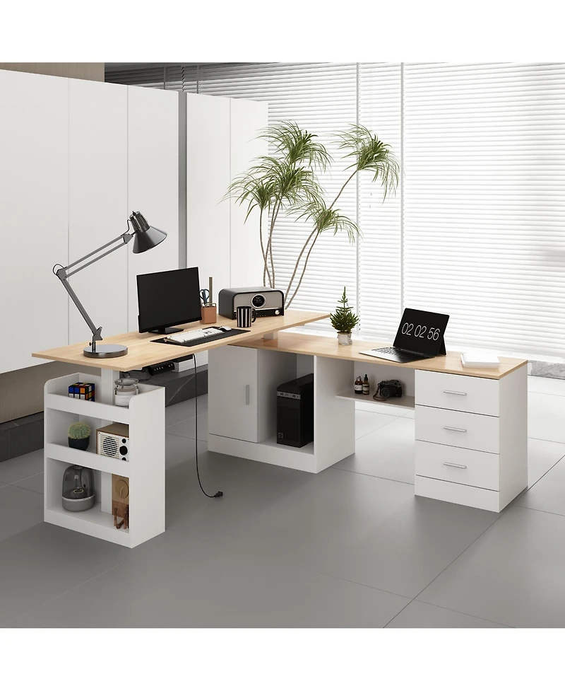 Homsee Electric Standing Desk with Drawers and Shelves Adjustable Height Desk LShaped Design