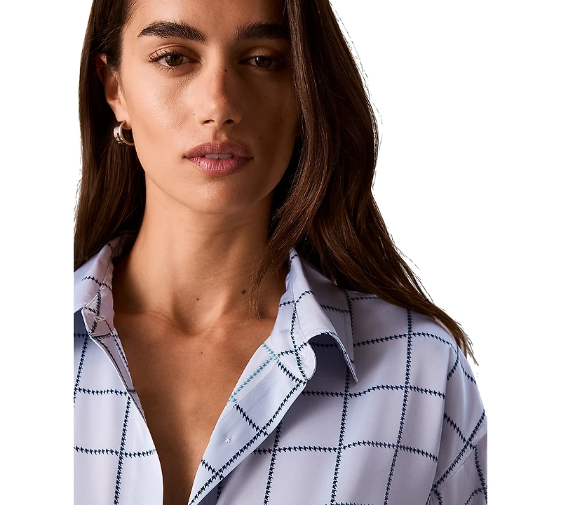 Calvin Klein Petite Printed Long-Sleeve Button-Down Satin Shirt