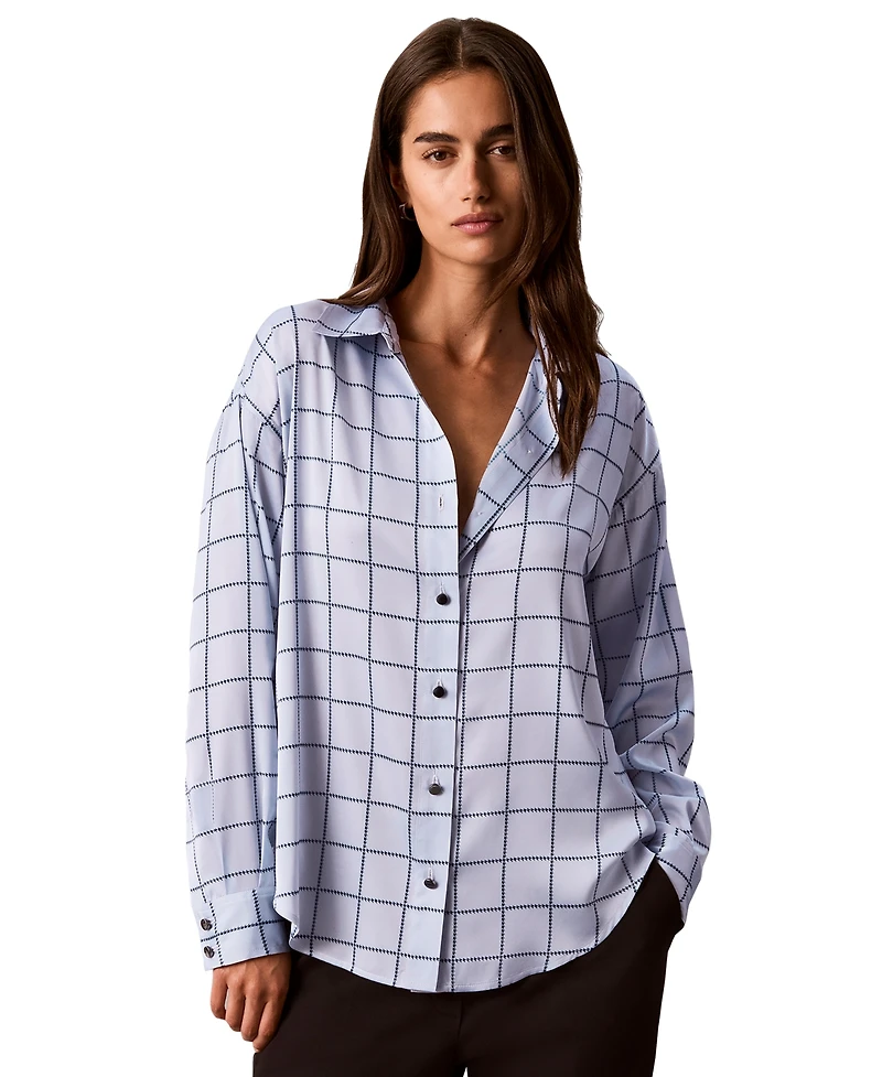 Calvin Klein Petite Printed Long-Sleeve Button-Down Satin Shirt