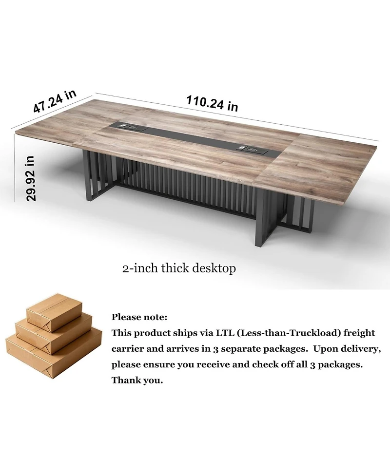 Logicfox Conference Table with Wireless Charging - 2" Thick Top and Metal Grid Base 2 Built-in Power Outlets and Usb