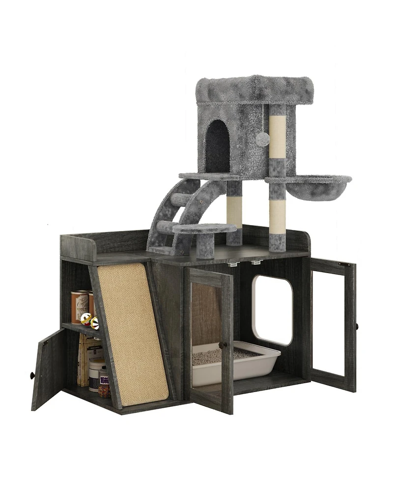 Streamdale All-in-One Cat Tree Litter Box Enclosure with Led Light and Scratching Board