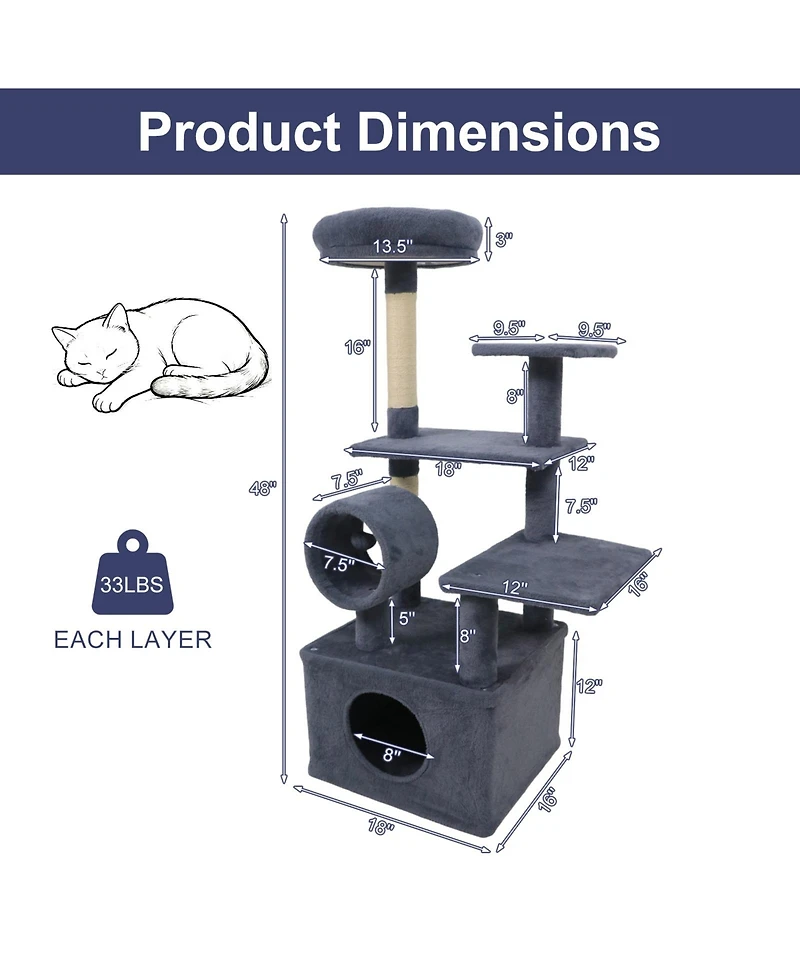 Gymax 48'' Tall Cat Tree With Large Condo Padded Top Perch Jute Scratching Post Tunnel