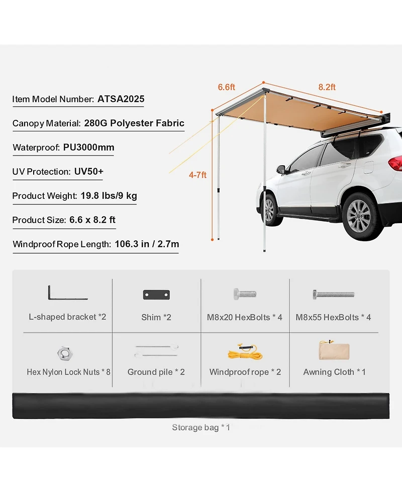 Vevor Vehicle Awning Shade Coverage Car Side Awning PU3000 mm UV50+