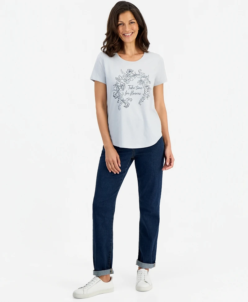 Style & Co Women's Perfect Time for Flowers Floral-Print Curved-Hem T-Shirt, Macy's Exclusive