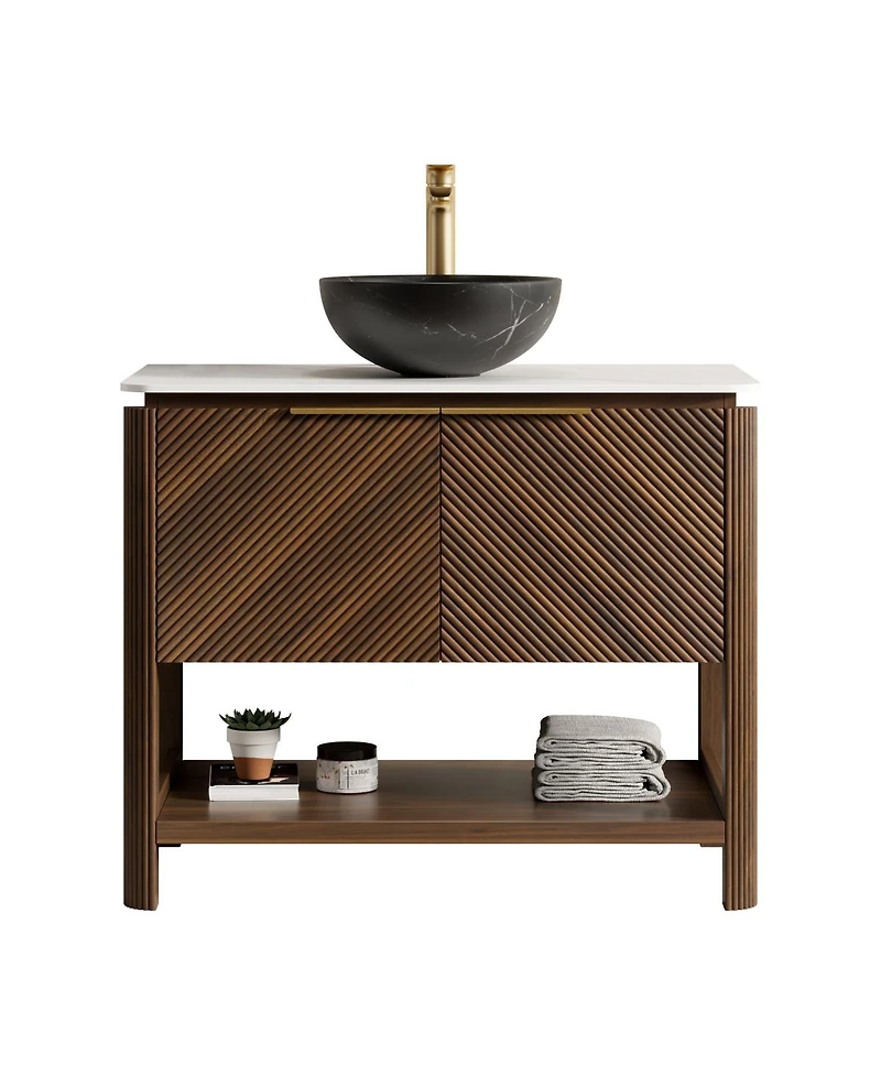 Sillysis 30" Modern Bathroom Vanity with Vessel Sink, Sintered Stone Countertop, Soft Close Solid Wood 3D Doors, Open Shelf Storage