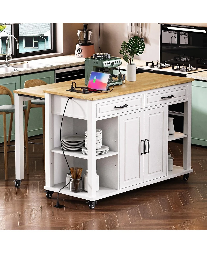 Streamdale Furniture 47'' Kitchen Island with Extendable Dining Table Storage and Power Outlet