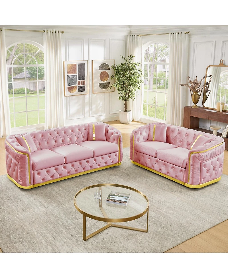 Streamdale Furniture 2-Piece and Velvet Chesterfield Sofa Set with 4 Pillows