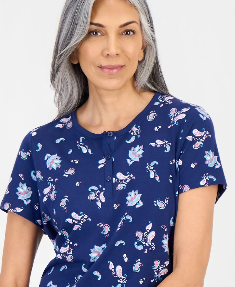 Charter Club Women's Cotton Printed Henley Sleepshirt, Created for Macy's