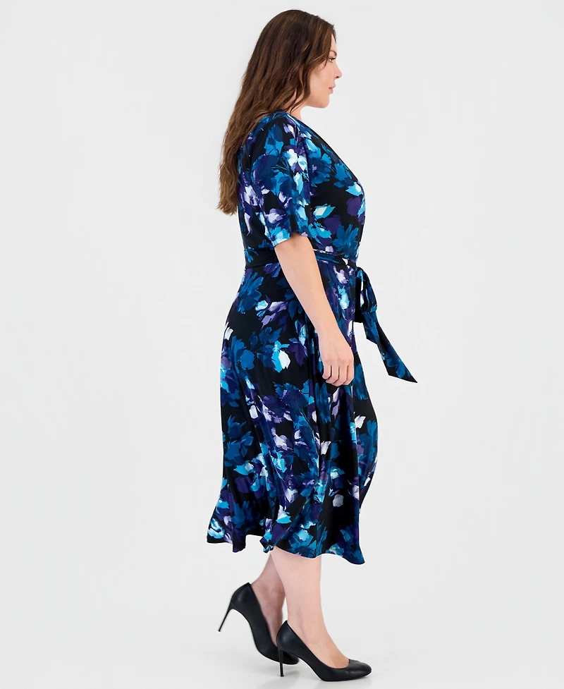 Kasper Plus Size Floral Fit & Flare Faux-Wrap Midi Dress
