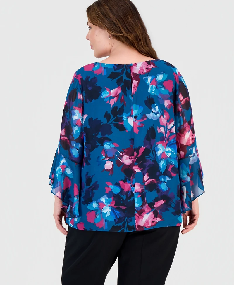 Kasper Plus Boat-Neck Ruffle-Sleeve Blouse