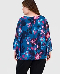 Kasper Plus Boat-Neck Ruffle-Sleeve Blouse