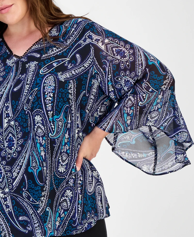 Kasper Plus V-Neck Ruffle-Sleeve Blouse