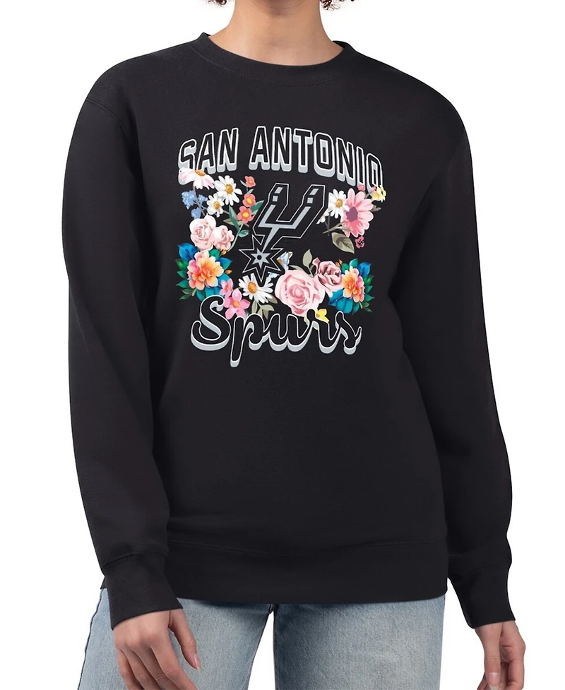 G-iii 4Her by Carl Banks Women's Black San Antonio Spurs Flowers Team Logo Graphic Fleece Crewneck Pullover Sweatshirt