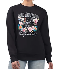 G-iii 4Her by Carl Banks Women's Black San Antonio Spurs Flowers Team Logo Graphic Fleece Crewneck Pullover Sweatshirt