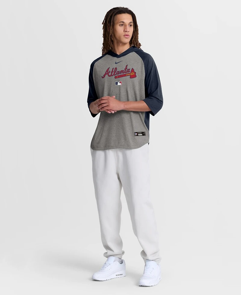 Nike Men's Gray Atlanta Braves Authentic Collection Flux Dri-fit Raglan 3/4-Sleeve Hooded T-Shirt