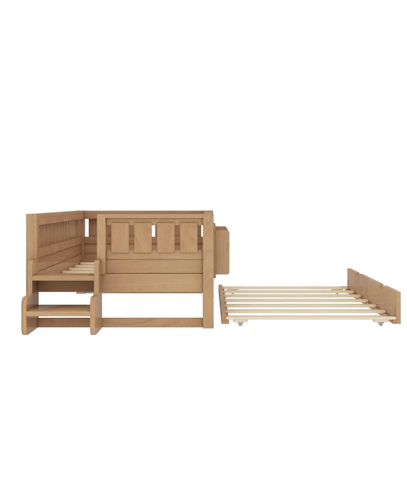 Streamdale Furniture Twin Bed with Bookshelves Staircase Safety Rails and Trundle