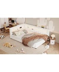Streamdale Furniture Upholstered Platform Bed with Usb Ports and Led Belt Cream