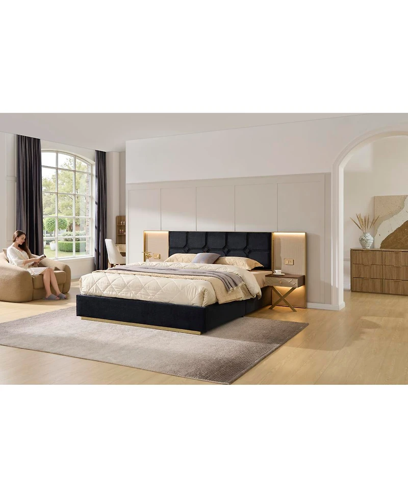 Streamdale Furniture Luxurious Velvet Platform Bed with Built-in Lamps Tables and Metal Frame