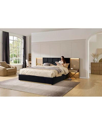 Streamdale Furniture Luxurious Velvet Platform Bed with Built-in Lamps Tables and Metal Frame