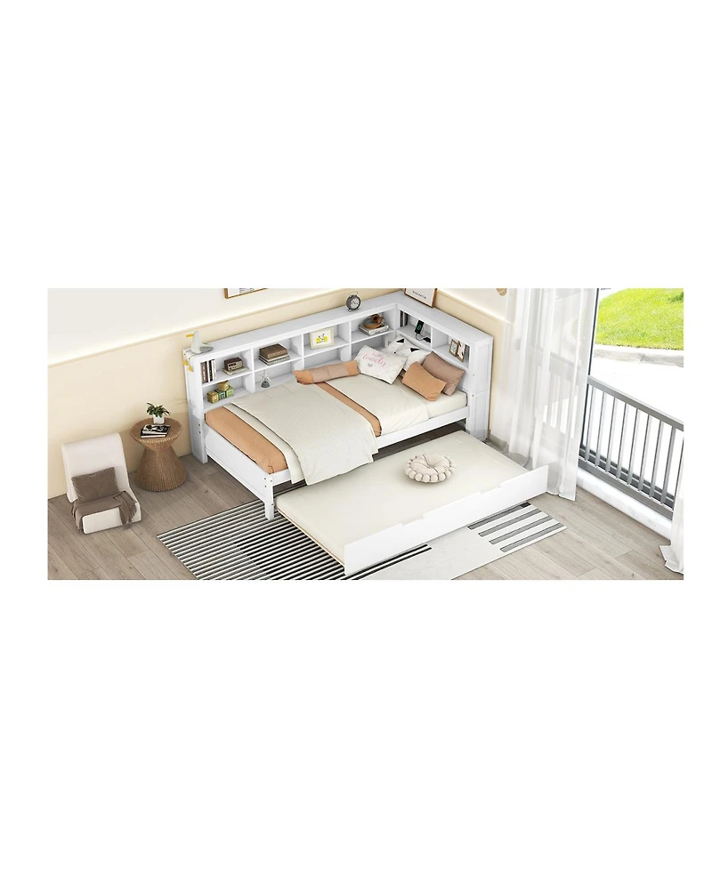 Streamdale Furniture Wooden Twin Daybed with Trundle Storage Shelf and Usb Ports